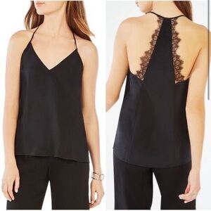 BCBGMAXAZRIA Lenor Lace Razorback Black Silk Camisole Tank Top Size XXS
